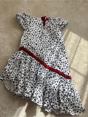 Girls White Black Leopard Print Dress with Red Trim